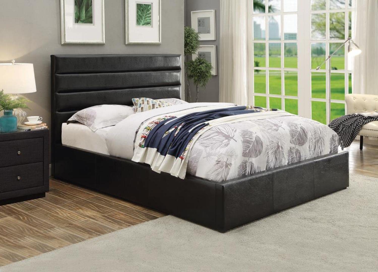 Coaster Home Furnishings Riverbend Transitional Leatherette Upholstered Eastern King Size Hydraulic Storage Panel Bed Frame Platform Bed 48-inch Headboard Black 300469KE